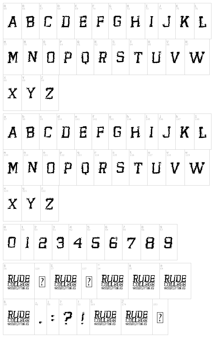 Rude College font map